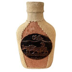 Vintage 6” Leather Covered Hand Tooled Glass Bottle With Copper Accent Chilean